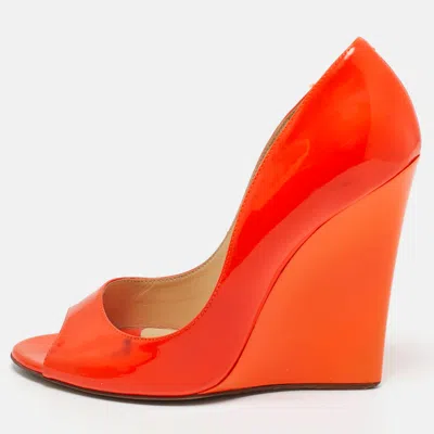 Pre-owned Jimmy Choo Orange Patent Leather Wedge Peep Toe Pumps Size 37
