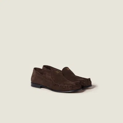 Miu Miu Suede Round Toe Slip On Loafers In Brown