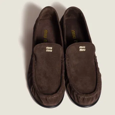 Miu Miu Suede Round Toe Slip On Loafers In Brown