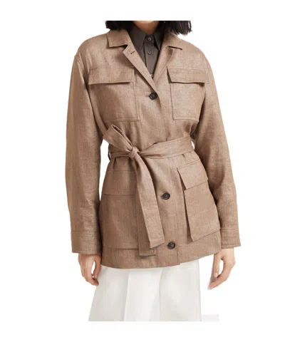 Brunello Cucinelli Brown Jacket With Notched Revers And Front Closure With Bow In Linen Blend Woman In Brown