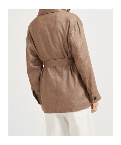 Brunello Cucinelli Brown Jacket With Notched Revers And Front Closure With Bow In Linen Blend Woman In Brown