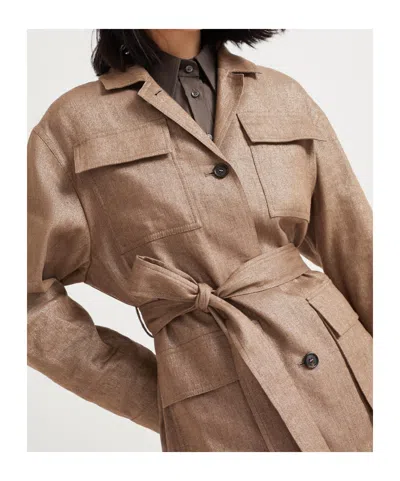 Brunello Cucinelli Brown Jacket With Notched Revers And Front Closure With Bow In Linen Blend Woman In Brown