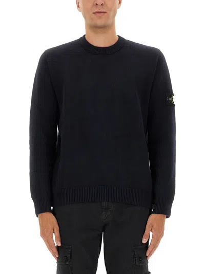 Stone Island Ribbed Hem Long Sleeve Crew Neck Sweater In Blue