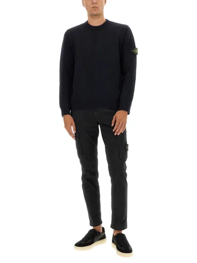 Stone Island Ribbed Hem Long Sleeve Crew Neck Sweater In Blue