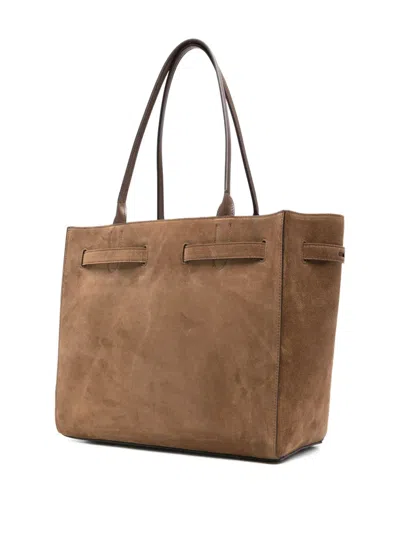 Tom Ford Brown Medium Tote Bag With Belt And T Plaque On The Front In Suede Woman