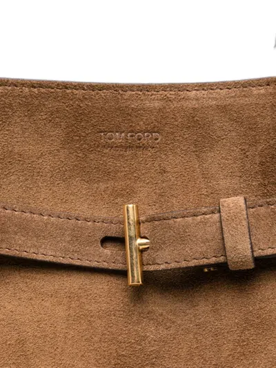 Tom Ford Brown Medium Tote Bag With Belt And T Plaque On The Front In Suede Woman