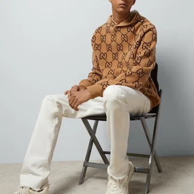 Gucci Gg Wool Hooded Sweatshirt 'camel Ebony' In Brown