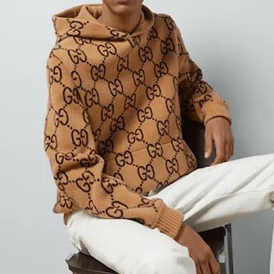 Gucci Gg Wool Hooded Sweatshirt 'camel Ebony' In Brown