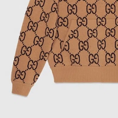 Gucci Gg Wool Hooded Sweatshirt 'camel Ebony' In Brown