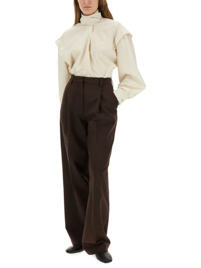 Lemaire High Collar Draped Long Sleeve Top In White