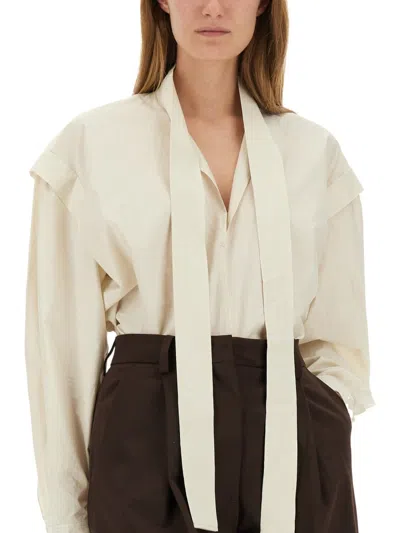 Lemaire High Collar Draped Long Sleeve Top In White