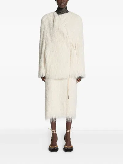 Dries Van Noten Fringed Coat With Knotted Belt And Tie In Neutral