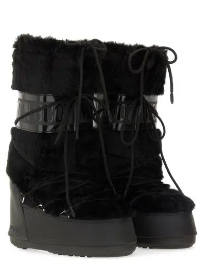 Moon Boot Black Faux Fur Boots In Animal Print
