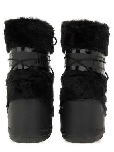 Moon Boot Black Faux Fur Boots In Animal Print