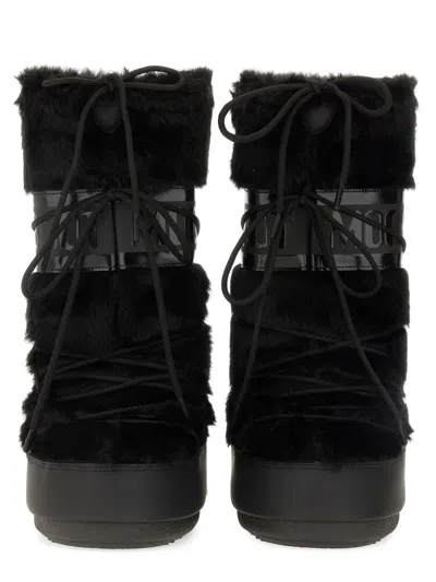 Moon Boot Black Faux Fur Boots In Animal Print