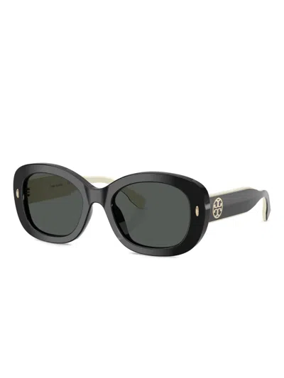 Tory Burch Oval-frame Logo-detail Sunglasses In Black