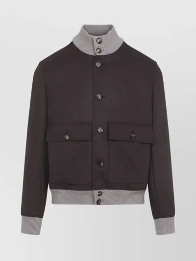 Brunello Cucinelli Wool Bomber Jacket Ribbed Collar Design In Brown