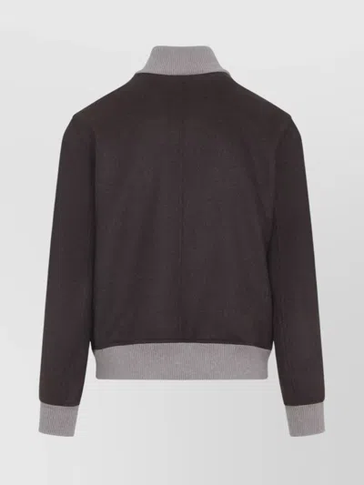 Brunello Cucinelli Wool Bomber Jacket Ribbed Collar Design In Brown