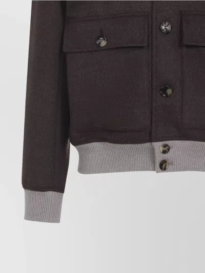Brunello Cucinelli Wool Bomber Jacket Ribbed Collar Design In Brown