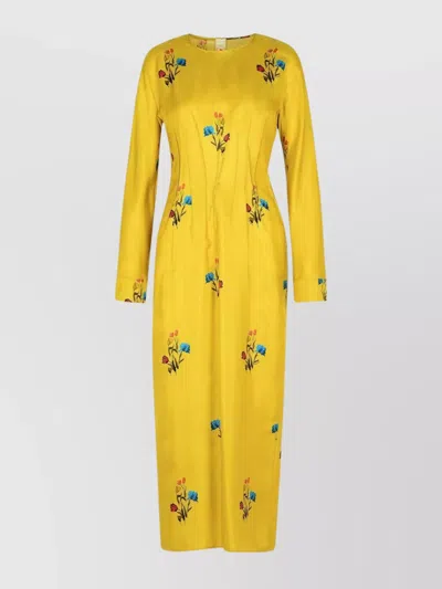 Marni Floral Embroidered Long Sleeve Dress In Yellow