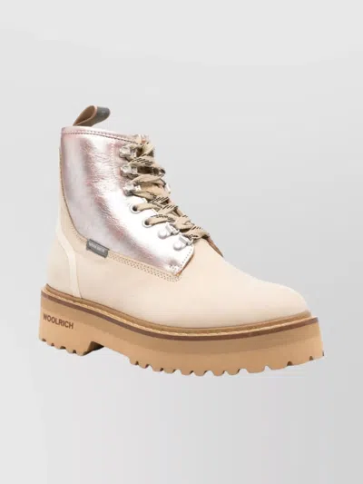 Woolrich Chunky Sole Metallic Finish Pull Tab Boots In Nude