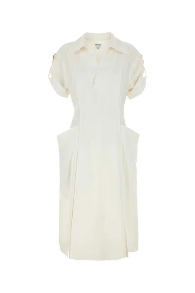 Bottega Veneta Shoulder Detail Belted Waist Embroidered V-neck Dress In White