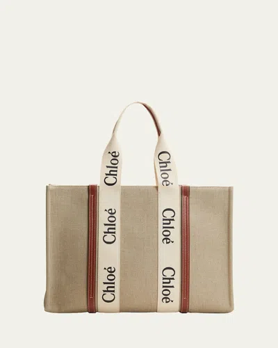 Chloé Woody Large Tote Bag In Linen In Multi