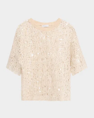 Brunello Cucinelli Wool-cashmere Sequined Open-knit Short-sleeve Sweater In White