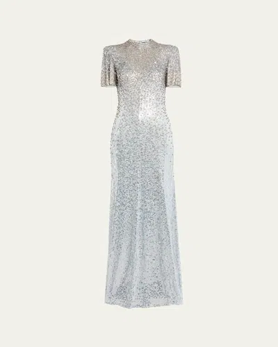 Jenny Packham Jourdain Crystal Sequined Flutter-sleeve Gown In Silver