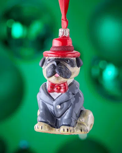 Joy To The World Collectibles Pug Fawn In Red Fedora And Gray Suit Christmas Ornament In Multi