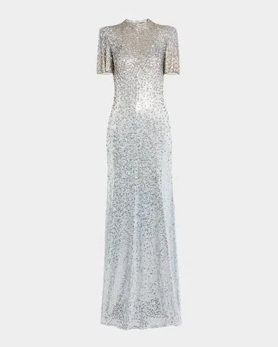 Jenny Packham Jourdain Crystal Sequined Flutter-sleeve Gown In Metallic
