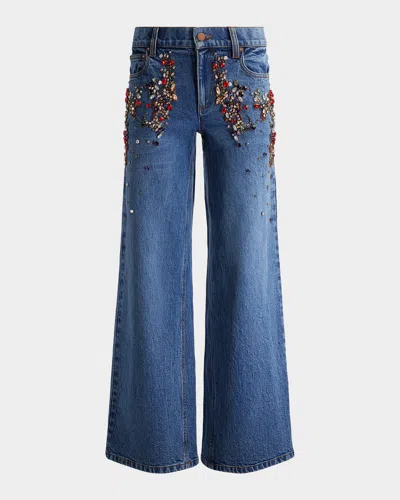 Alice And Olivia Amazing Low Rise Embellished Baggy Jeans In Brooklyn Blue In Blue