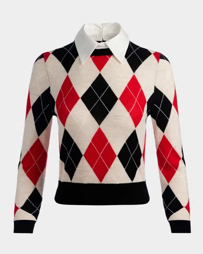 Alice And Olivia Carolann Collared Argyle Sweater In Multi