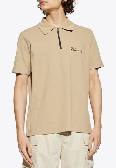 Balmain Beige Short-sleeved Embroidery Polo In Nude