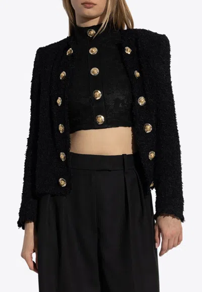 Balmain Edge-to-edge Silky Tweed Jacket In Black