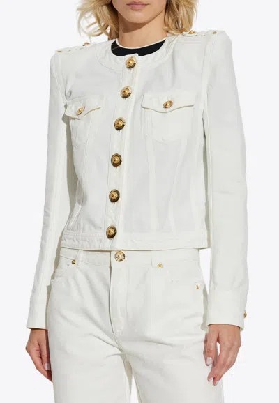 Balmain Cropped Denim Jacket With Decorative-buttons In White