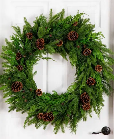 Nearly Natural Artificial Norfolk Mixed Pine 30 Wreath With Pinecones In Green
