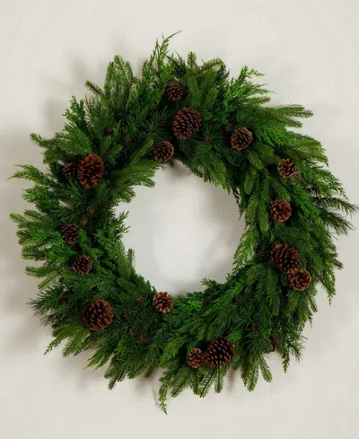 Nearly Natural Artificial Norfolk Mixed Pine 30 Wreath With Pinecones In Green
