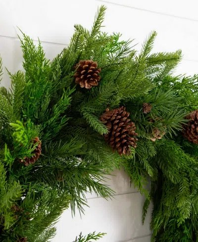 Nearly Natural Artificial Norfolk Mixed Pine 30 Wreath With Pinecones In Green
