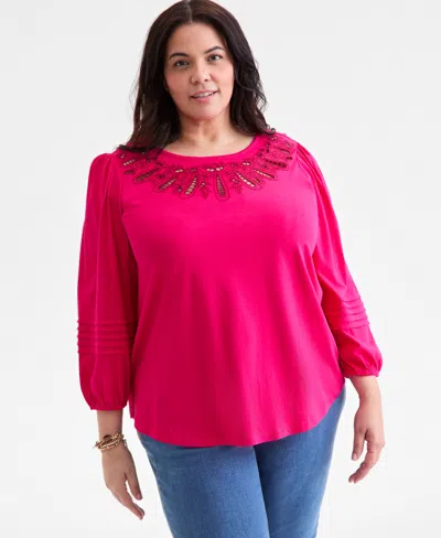 Style & Co Plus Size Broderie Anglaise 3/4-sleeve Top, Macy's Exclusive In Pink