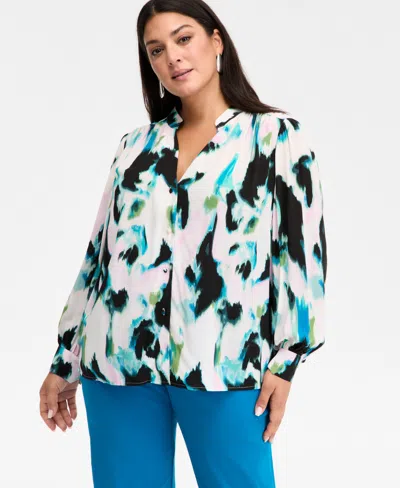 Inc International Concepts Plus Size Printed Pleated V-neck Blouse, Macy's Exclusive In Multi
