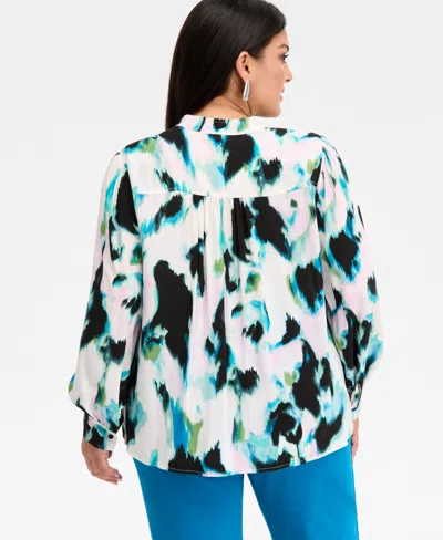 Inc International Concepts Plus Size Printed Pleated V-neck Blouse, Macy's Exclusive In Multi