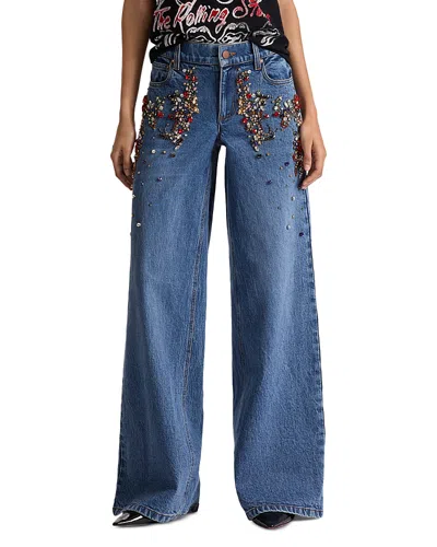 Alice And Olivia Amazing Low Rise Embellished Baggy Jeans In Brooklyn Blue In Blue