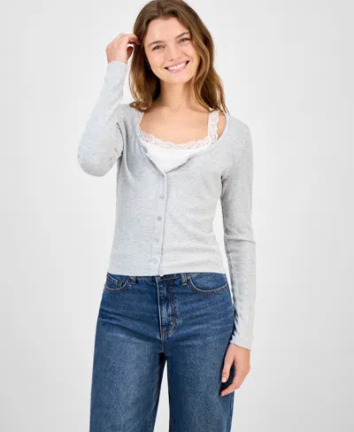 Hippie Rose Juniors' Two-piece Camisole & Cardigan Top In Gray