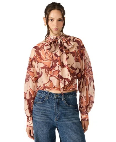 Steve Madden Sutton Equestrian Print Tie Neck Top In Brown