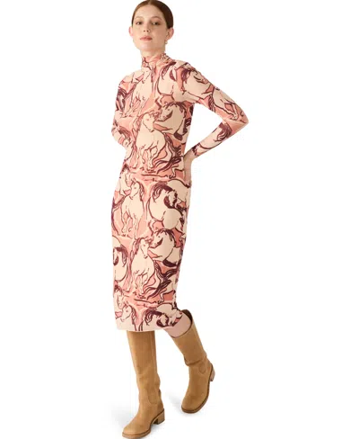 Steve Madden Vivienne Horse Print Long Sleeve Turtleneck Mesh Midi Dress In Multi