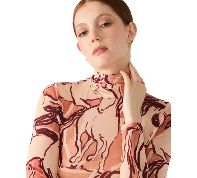 Steve Madden Vivienne Horse Print Long Sleeve Turtleneck Mesh Midi Dress In Multi