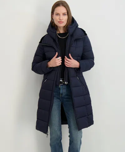 Tahari Greta Longline Hooded Coat In Blue