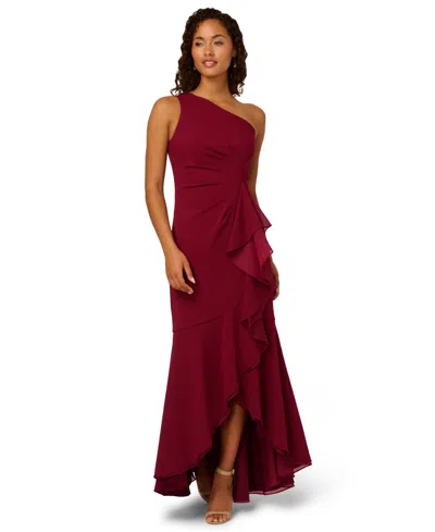 Adrianna Papell Crepe One Shoulder Ruffle Gown In Burgundy
