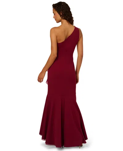 Adrianna Papell Crepe One Shoulder Ruffle Gown In Burgundy